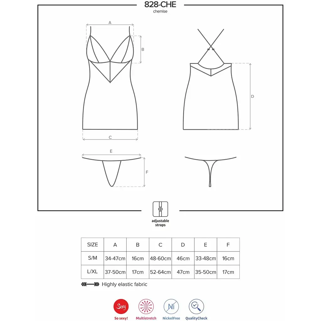 Сатиновий комплект для сну з мереживом Obsessive 828-CHE-1 chemise & Thong L/XL, чорний - фото 7