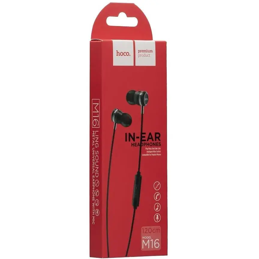 Дротові навушники Hoco 3.5 mm M16 Ling Sound вакуумні з мікрофоном 1.2 m Black - фото 2