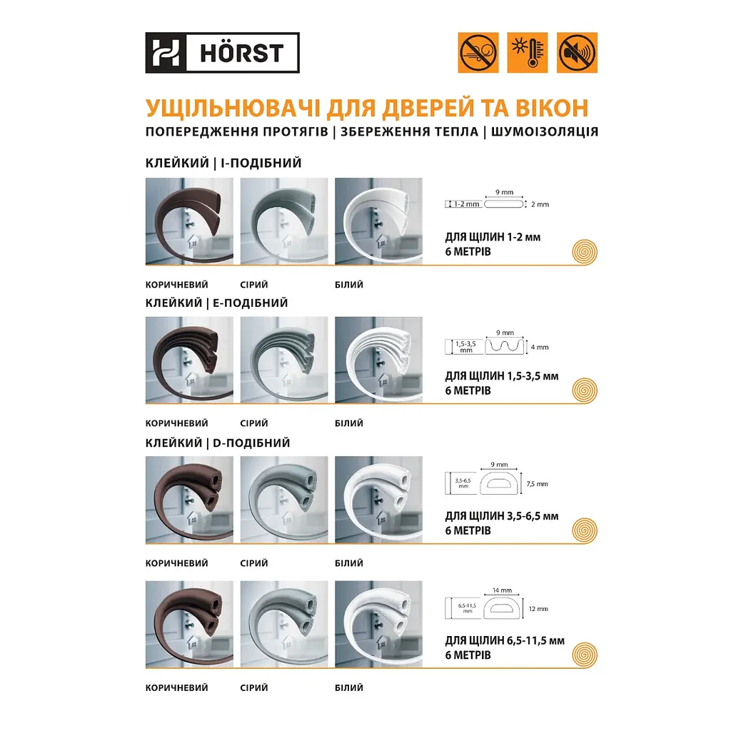 Ущільнювач для дверей клейкий I-подібний 6 м HORST білий (DS-I 9x2 WHITE) - фото 6