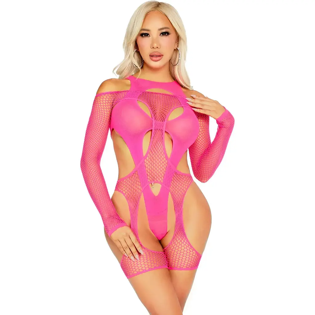 Бодістокінг Leg Avenue Fishnet Garter Harness and Teddy One Size Neon Pink - фото 4