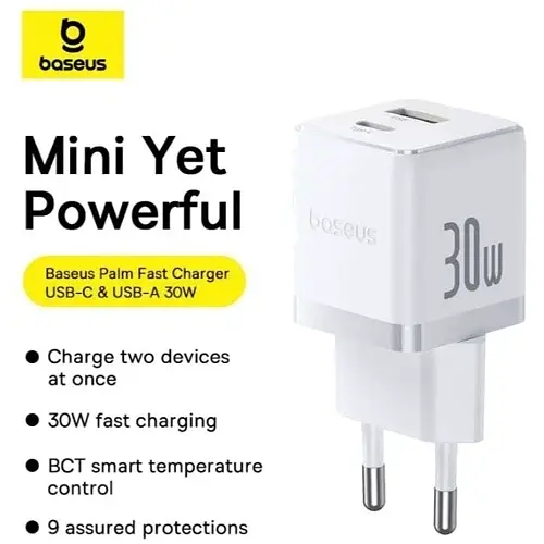 Мережевий зарядний пристрій Baseus Palm Fast Charger Type-C+USB 30W P1011160A213-00 White - фото 9