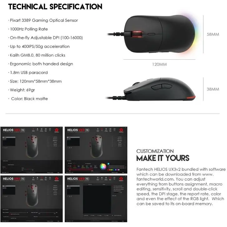 Игровая мышь Fantech UX-3 V2 HELIOS PixArt 3389, 400IPS, 50G, 1600DPI Black - фото 6