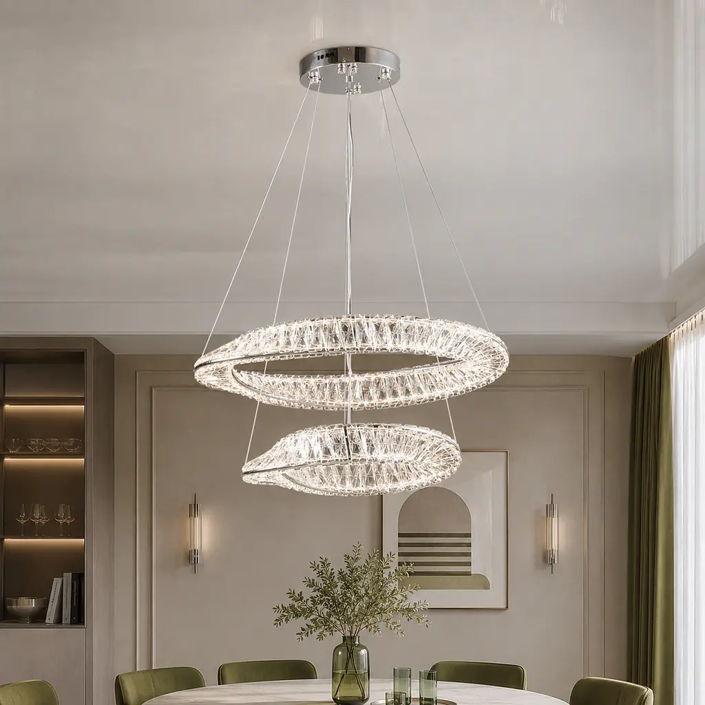 Двоярусна хромована світлодіодна люстра Splendid Ray LD8812/600+400B/2B LED (CH) з кришталевими кільцями 60/40 см