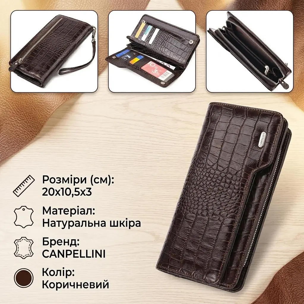 Функціональне портмоне клатч із натуральної шкіри Canpellini 21536 коричневе - фото 2