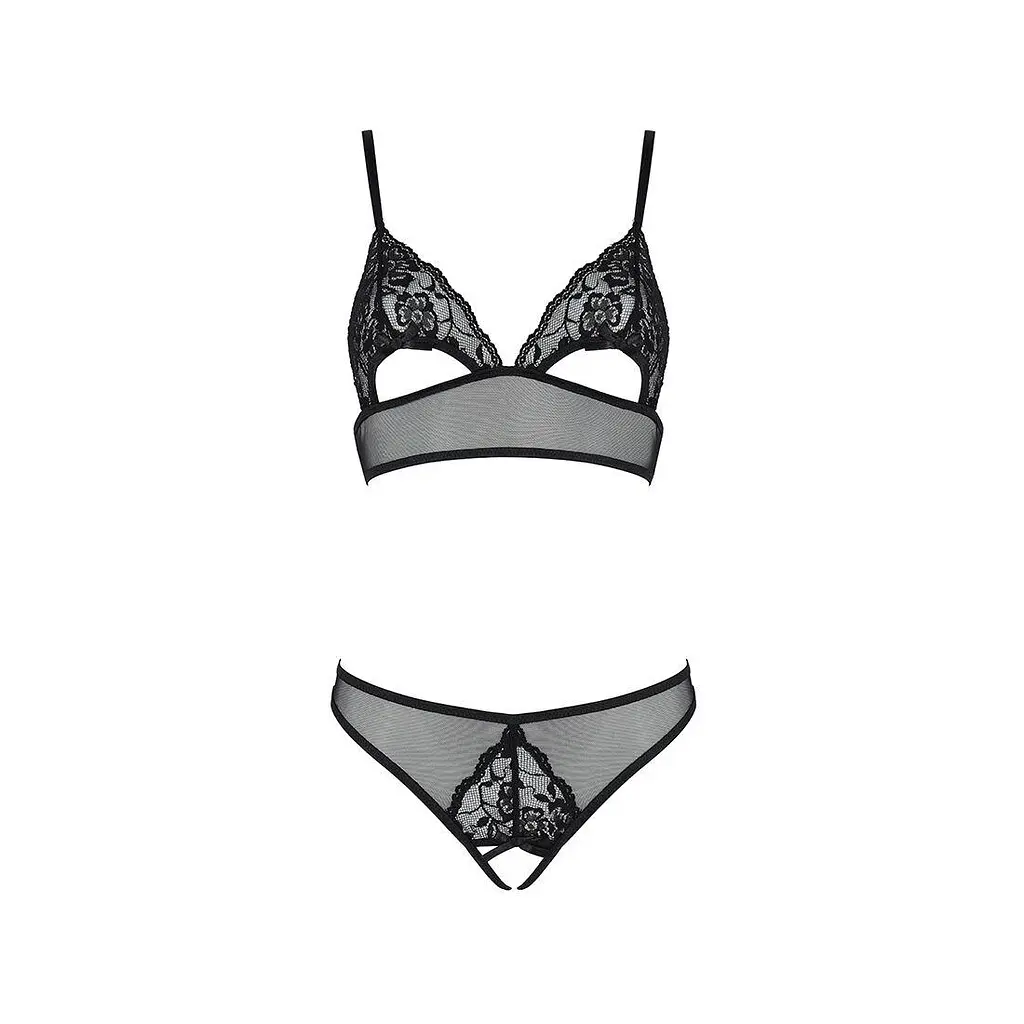 Комплект: браллет с ажурным лифом и открытыми трусиками Passion Christa Set with Open Bra black L/XL - фото 3