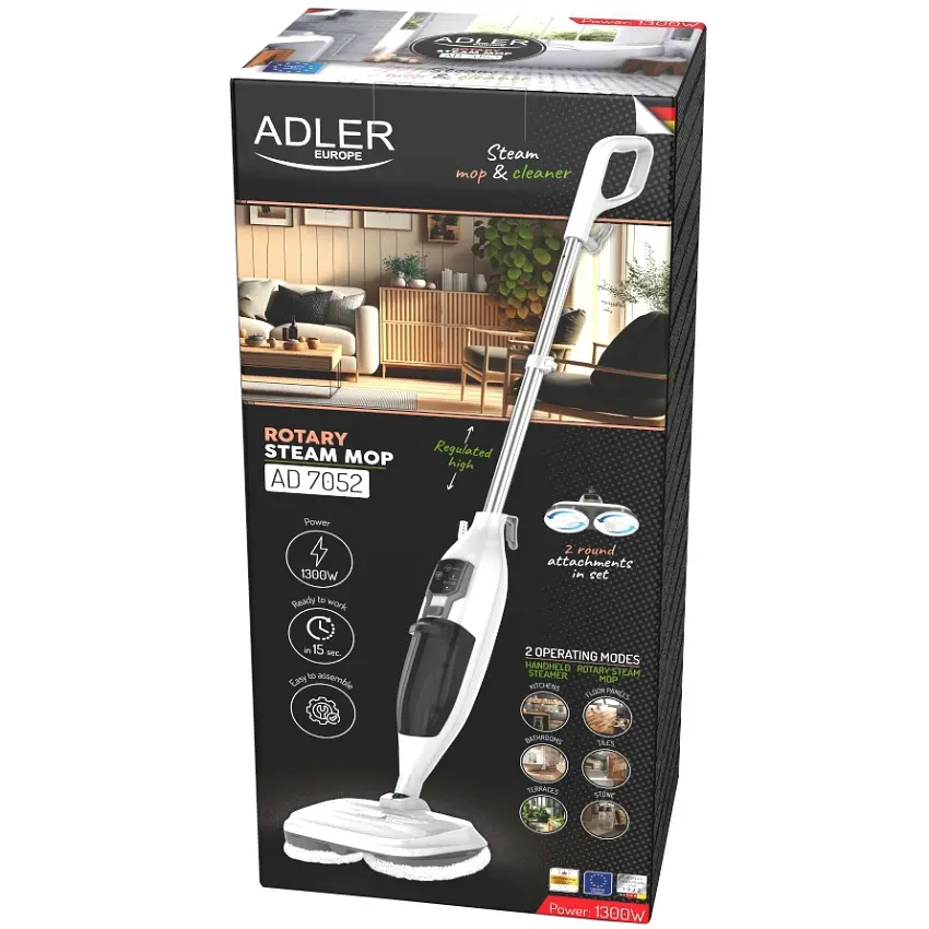 Парова швабра Adler AD 7052 обертова / 1300 Вт / 550 мл / 3 потужності пари / біла - фото 8