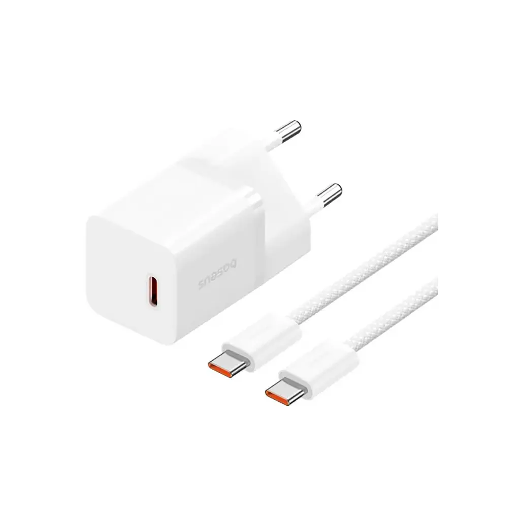 Зарядний пристрій Baseus GaN5 швидке заряджання USB-C 30 Вт + кабель 1.0 м USB-C 100 Вт білий (P10110902213-00)