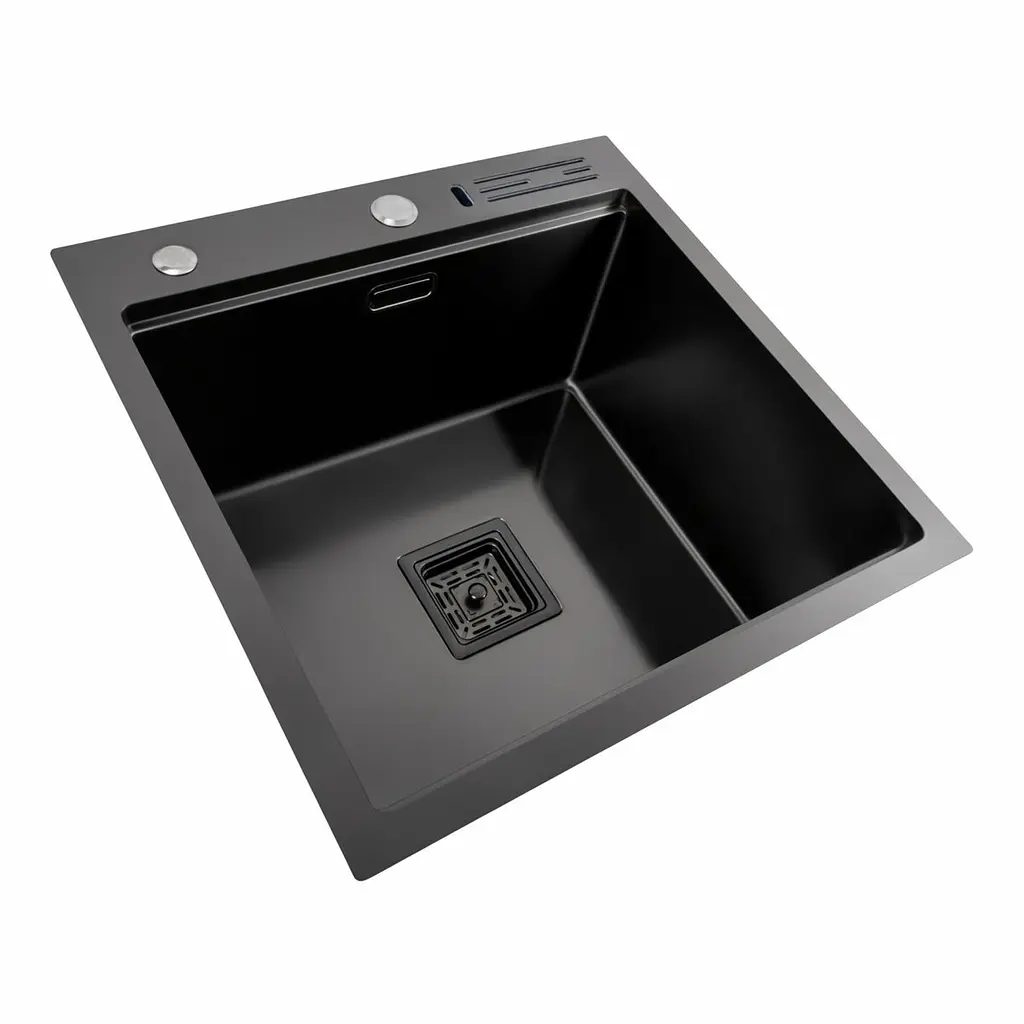 Кухонна мийка 50x50 PVD чорна Platinum Handmade з підставкою для ножів, Чорний - фото 5