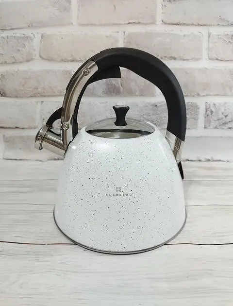 Хороший металлический чайник со свистком нержавеющая сталь с мраморным покрытием Edenberg 3л EB-3541W Белый - фото 2