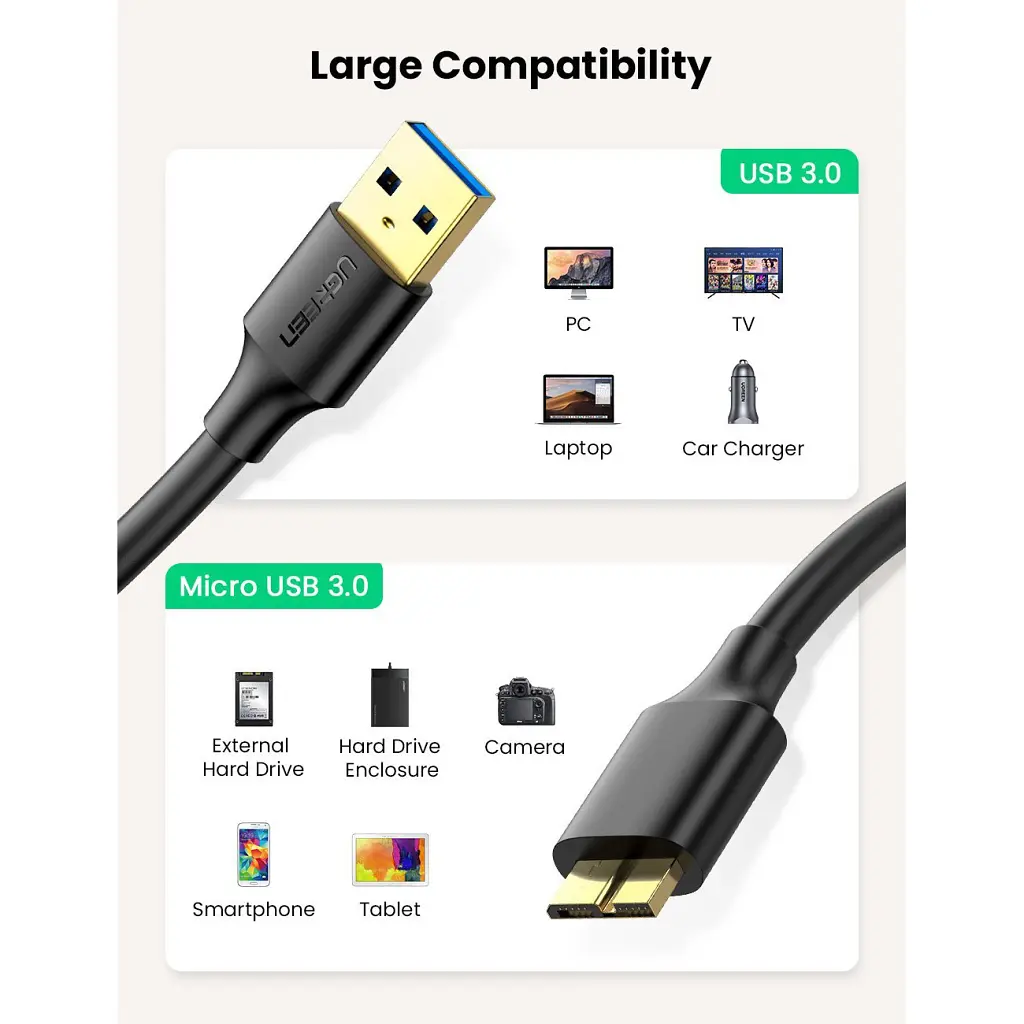 Дата кабель USB 3.0 AM to Micro B 0.5m US130 black Ugreen (10840) - фото 5