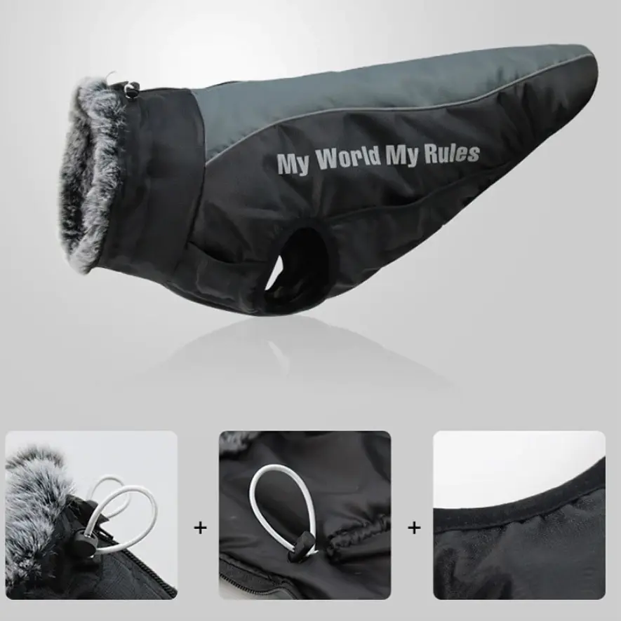 Світловідбивна утеплена зимова куртка для собак My World - My Rules, Black/Grey - фото 3