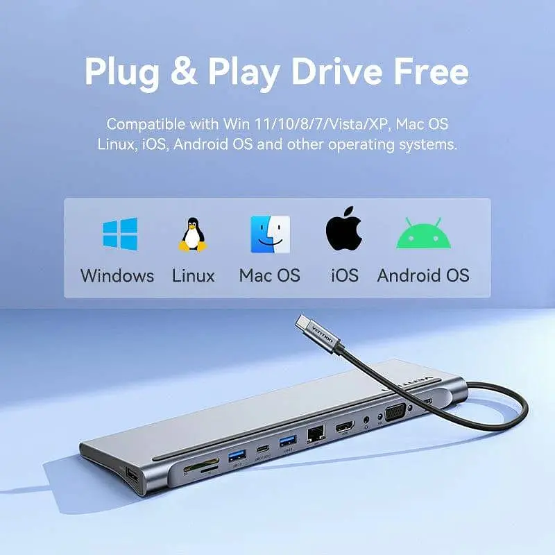 Док-станция USB3.1 Type-C --> HDMI/VGA/USB3.0x3/RJ45/SD/TF/TRRS 3.5mm/PD 100W Vention 11in1 - фото 5