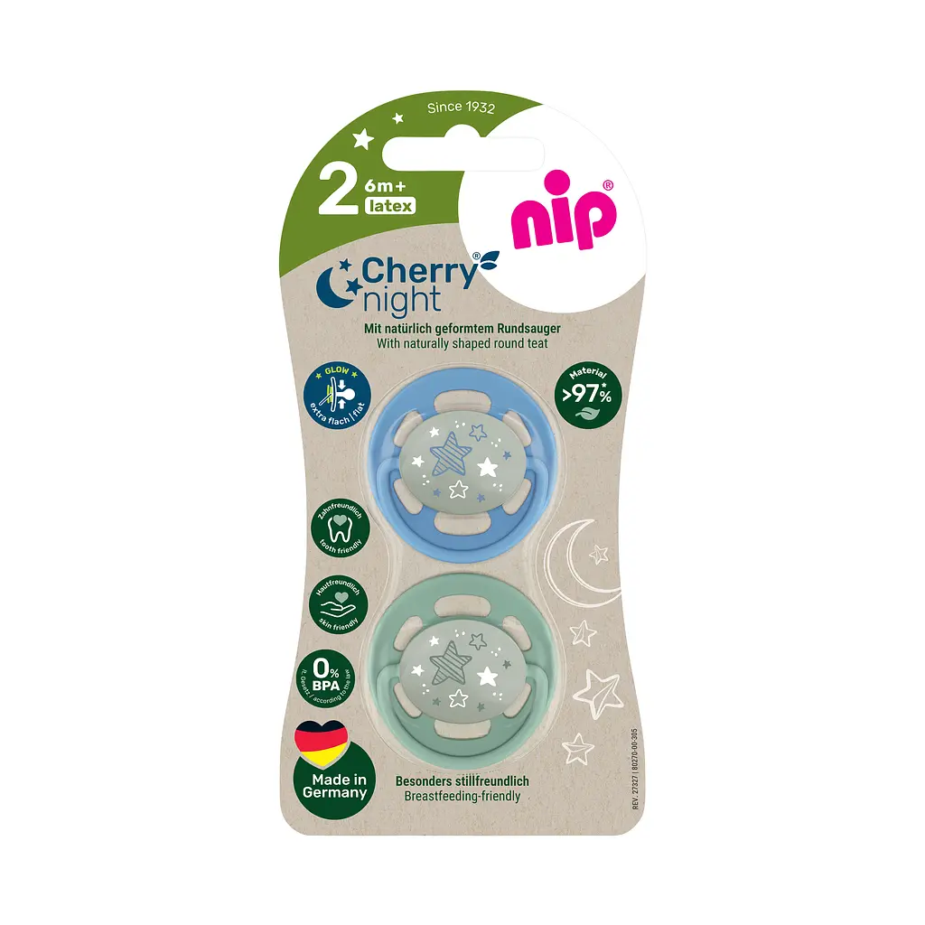 Пустушка латексна кругла для дітей від 6 місяців NIP Cherry Night арт. 38872-51 2 шт. зелений/блакитний