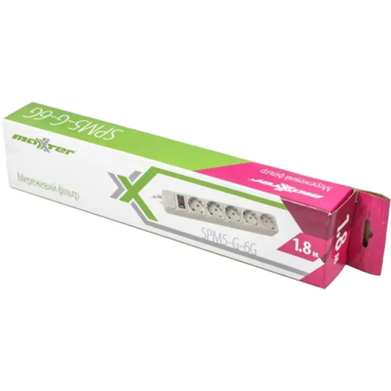 Мережевий фільтр живлення Maxxter SPM5-G-6G сірий 1,8 м кабель, 5 розеток (SPM5-G-6G) - фото 2