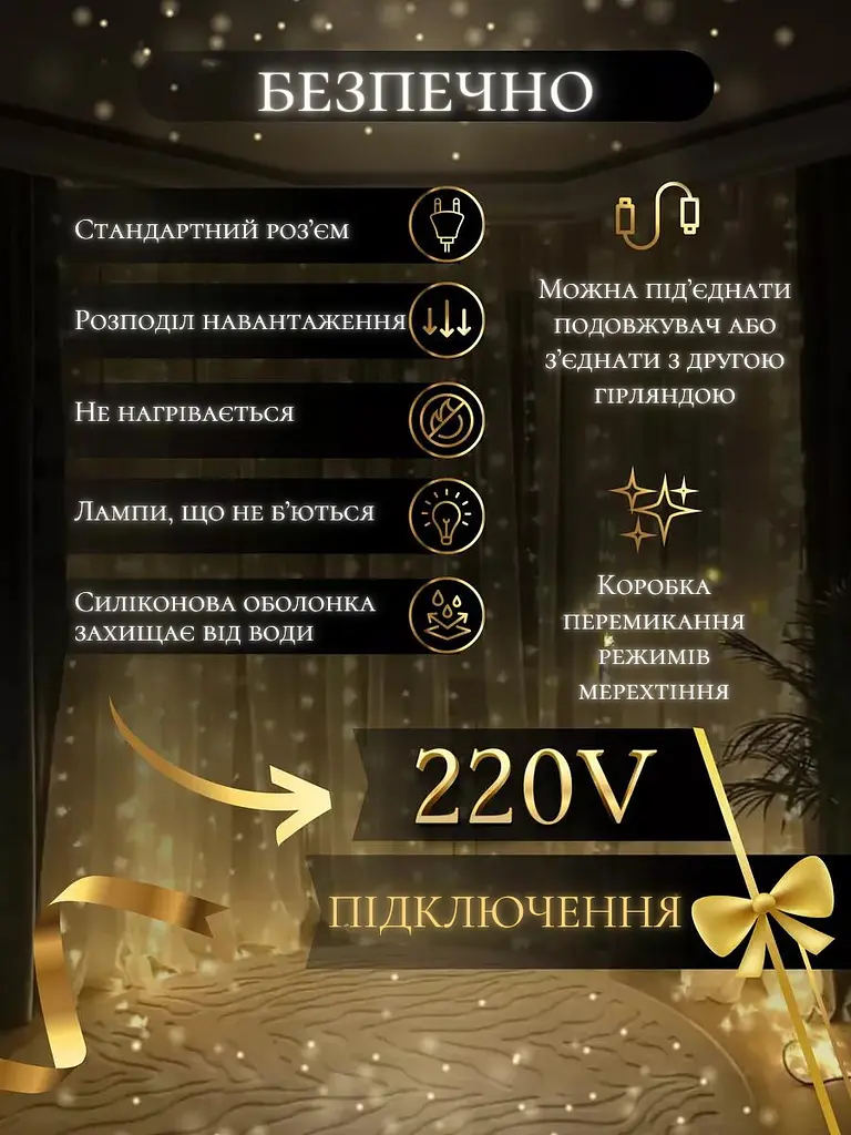 Світлодіодна штора на вікно новорічна гірлянда Теплий білий (30307091) - фото 4