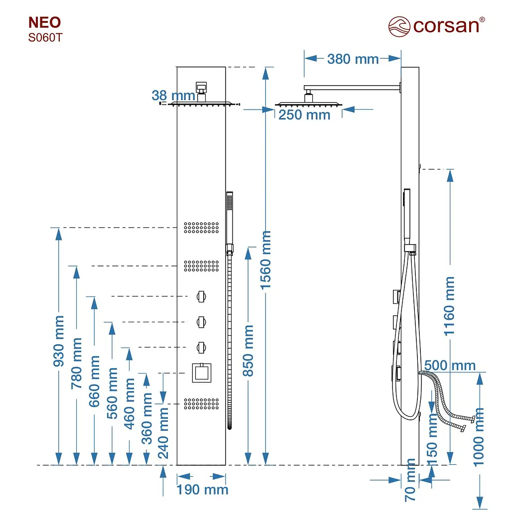 Душова панель Corsan Neo inox з термостатом S060TSL, Нержавіюча сталь - фото 2