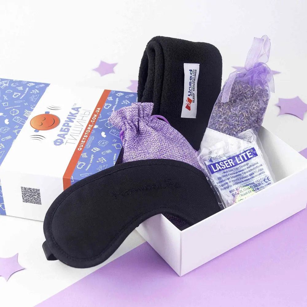 Подарунковий набір Multibrand Спокій, тільки спокій" - Маска для сну Hoowolife + Беруші + Навушники для сну + Мило ручної роботи + Подушечка з лавандою (1040-02)" - фото 3