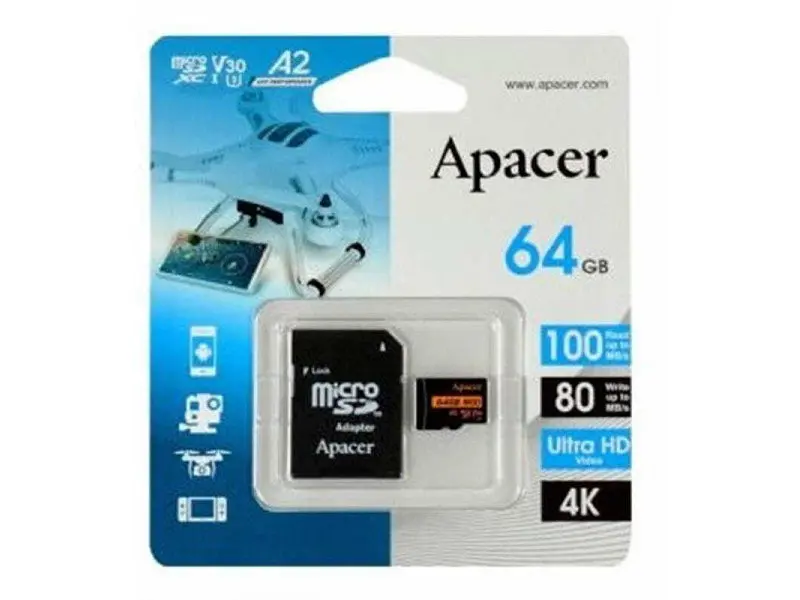 Карта пам'яті Apacer microSDXC UHS-I U3 V30 A2 + SD-adapter 64 GB (AP64GMCSX10U8-R) - фото 3