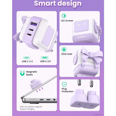 Зарядний пристрій Ugreen CD361 Robot Tech, 3 порти (2xUSB-C + USB-A), PD 65 Вт, GaN, швидке заряджання, фіолетовий (35291) - фото 8