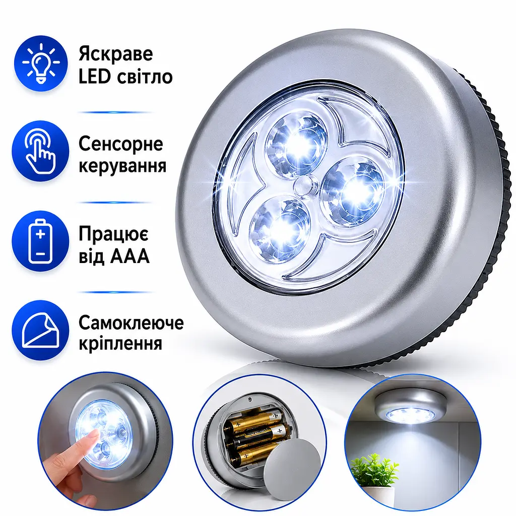 Компактний круглий LED ліхтарик на батарейках самоклеючий сенсорний срібний (SKU-168) - фото 2