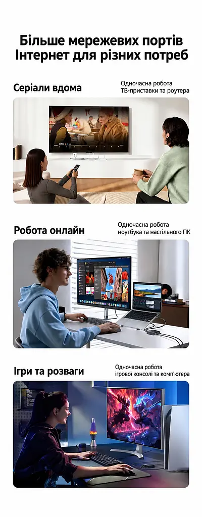 Мережевий Ethernet-розгалужувач UGREEN NW301 LAN-спліттер 1 вхід RJ45 і 2 виходи RJ45 для одночасного підключення двох пристроїв Гігабітні порти з автоадаптацією 10/100/1000 Мбіт/с Потребує зовнішнього живлення 5 В через USB-C і не підтримує PoE Підключення без налаштування LED-індикатори живлення та стану з’єднання Кабель живлення від USB-A до USB-C 0,5 м у комплекті Темно-сірий (95646) - фото 11
