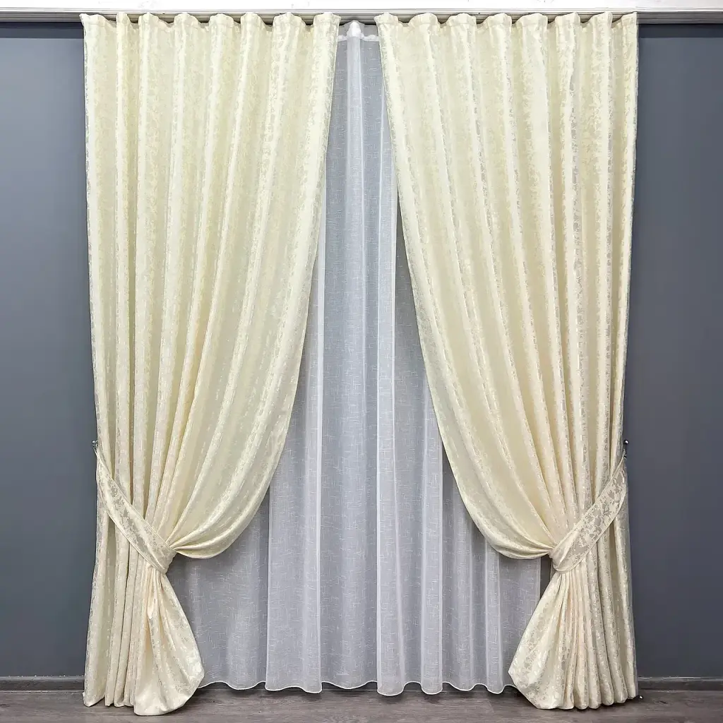 Комплект штор з тюлем VR-Textil Льон Мармур, молочний з білим, 2 штори 100×270 см + тюль 300×270 см, арт. 71-128/1