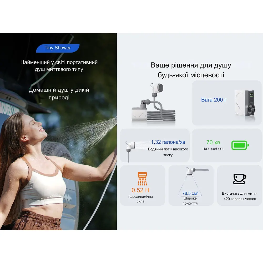 Душ портативний з насосом на акумуляторі Flextail Tiny Shower TS650WT / TS2500WT, білий - фото 39