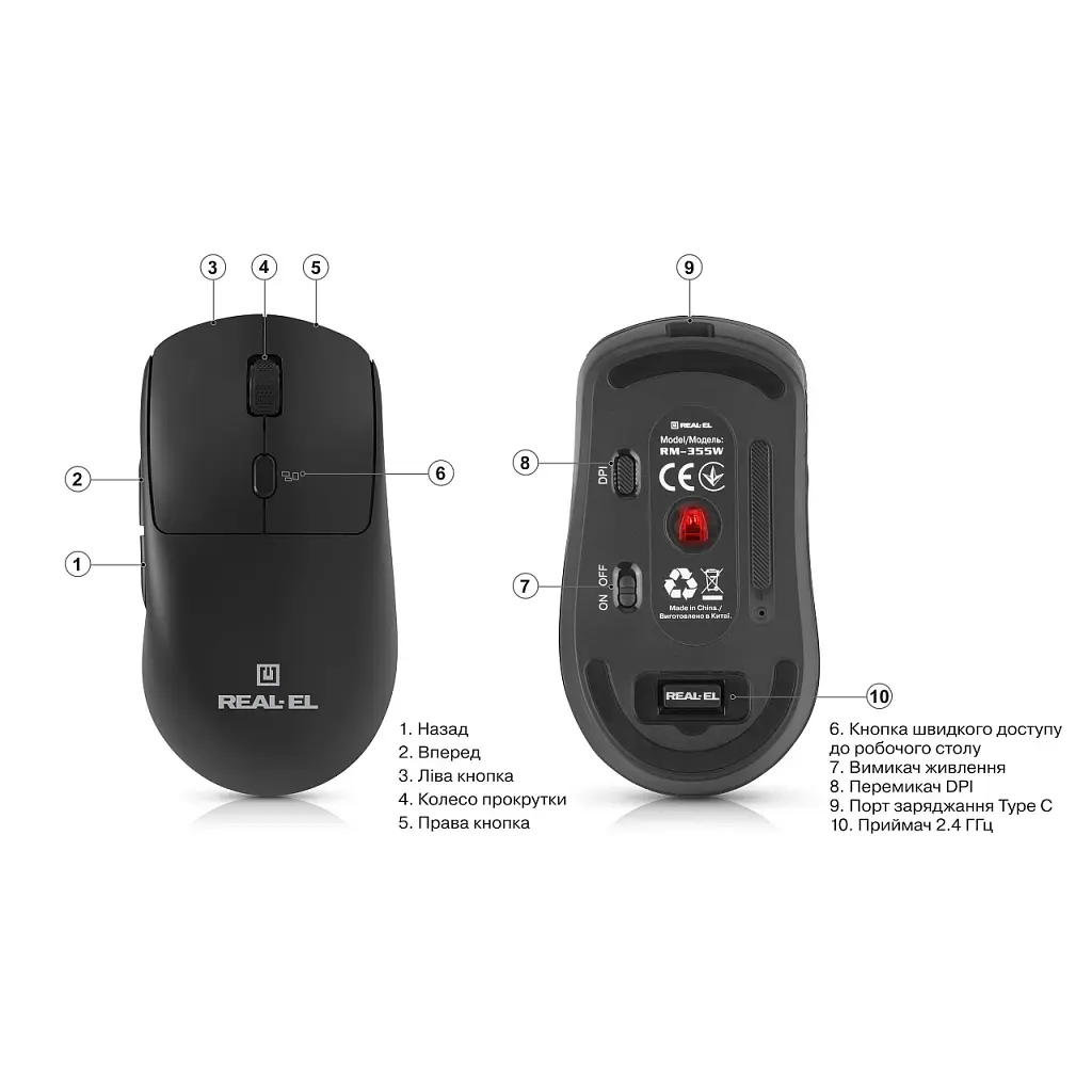 Мишка REAL-EL RM-355W Wireless Black (EL123200054) - фото 2