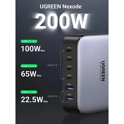Зарядний пристрій Ugreen 6xUSB 200 Вт (4xUSB-C + 2xUSB-A) GaN CD271 (40914) - фото 2