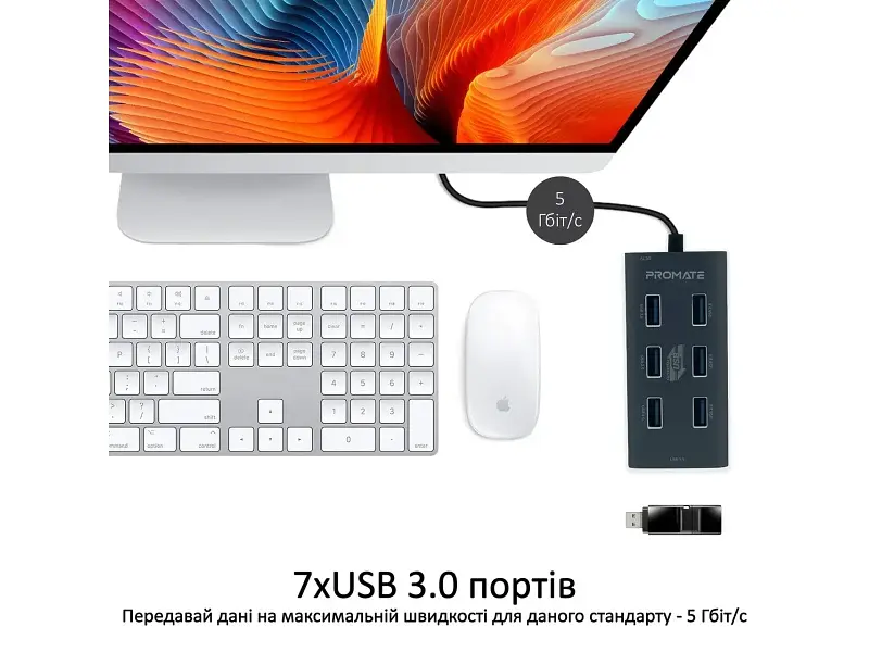 Мультипортовий адаптер Promate USB hub EZHub-7 grey (ezhub-7.grey) - фото 4