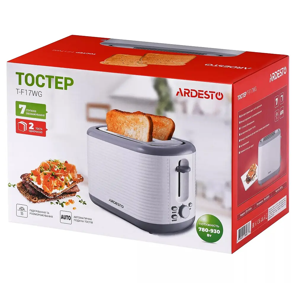 Тостер Ardesto T-F17WG, White, 930W, 2 тости, 2 відділення, 7 режимів підсмажування, розморожування - фото 4