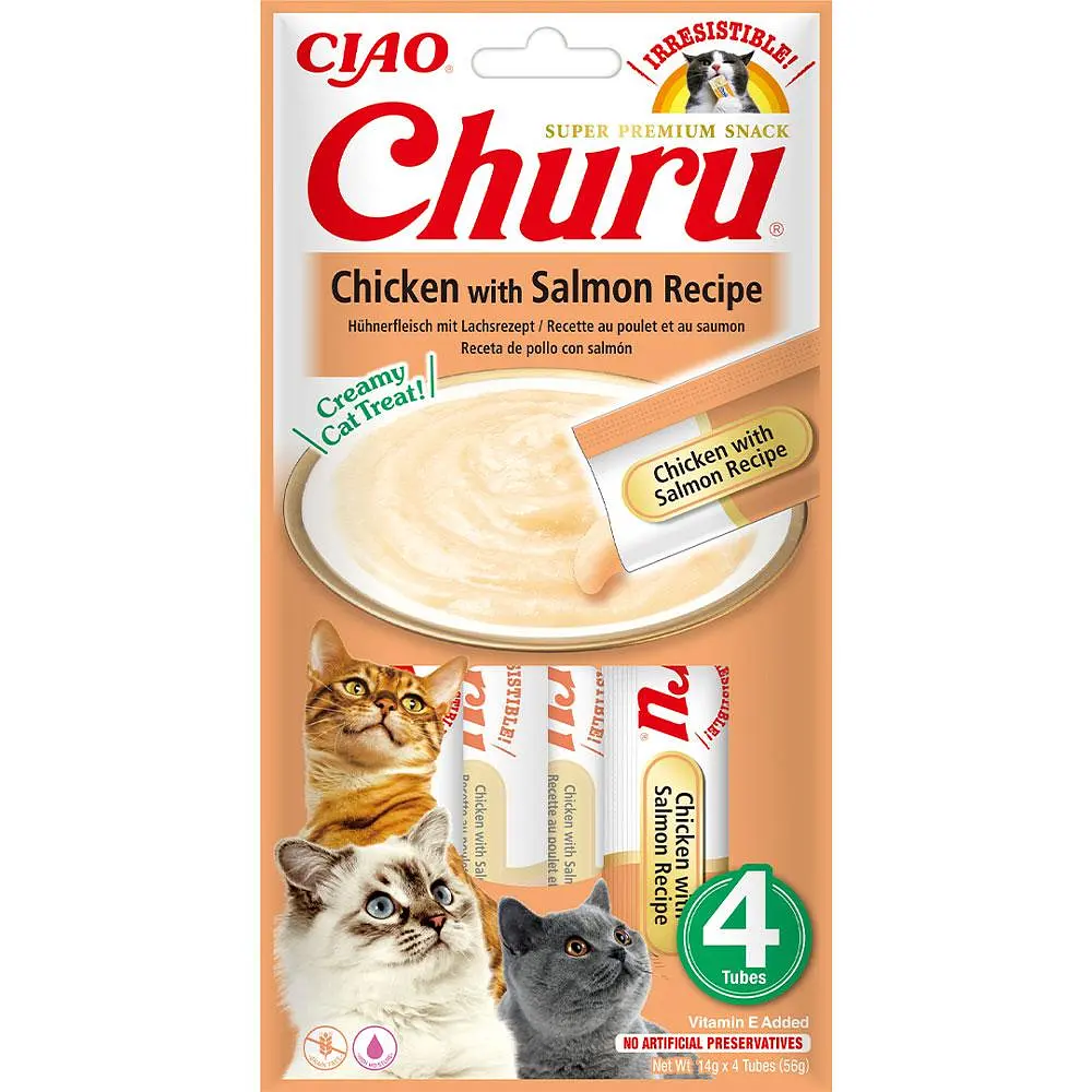 Вологі ласощі для котів INABA Churu вершковий мус в стіках курка та лосось 4 шт по 14 г