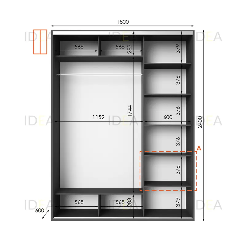 Шафа-купе Idea серія 1 180 x 60 x 240 см Антрацит Дзеркало - фото 2