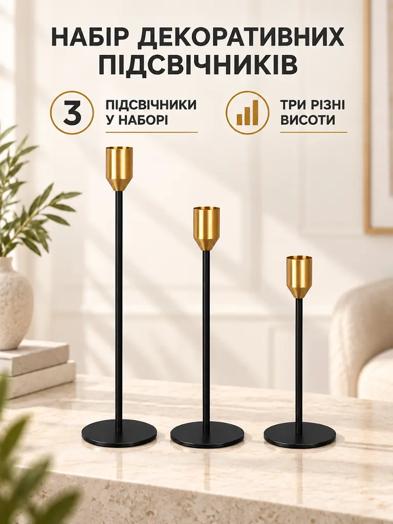 Набір декоративних підсвічників 3 шт 21,5 см / 26,5 см / 31.5 см для інтер'єру чорний (37261220) - фото 2