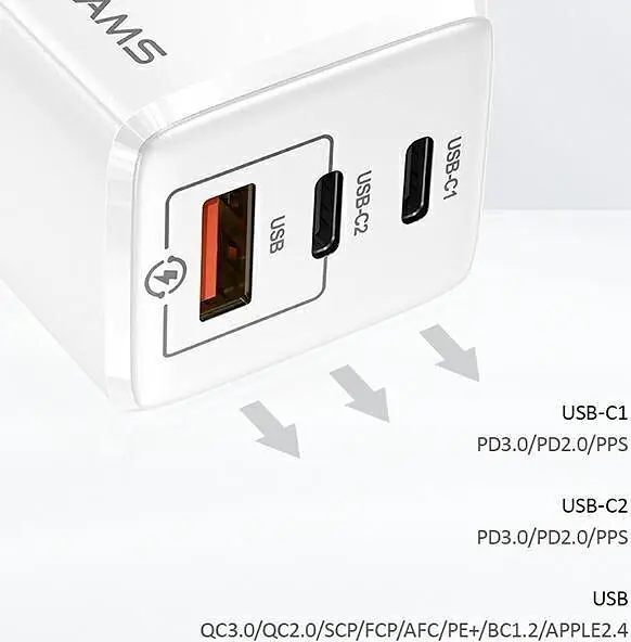 Зарядное устройство на 3 выхода USB Usams GaN Mini US-CC110 65 W 5a (CC110TC02) A + 2*C белое - фото 8