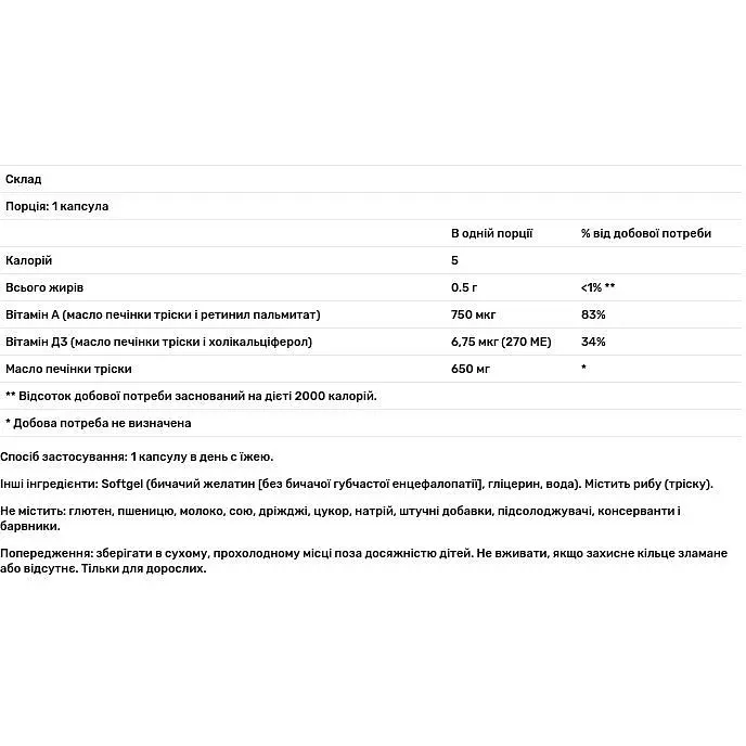 Риб'ячий жир з печінки тріски Now Foods Cod Liver Oil 650 мг 250 капсул (NOW-01742) - фото 3