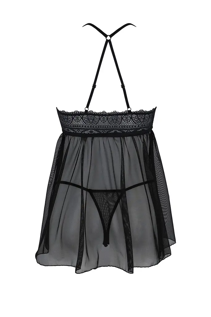 Пеньюар Passion KERRIA CHEMISE black, XXL/XXXL, мереживний верх, трусики в комплекті - фото 4