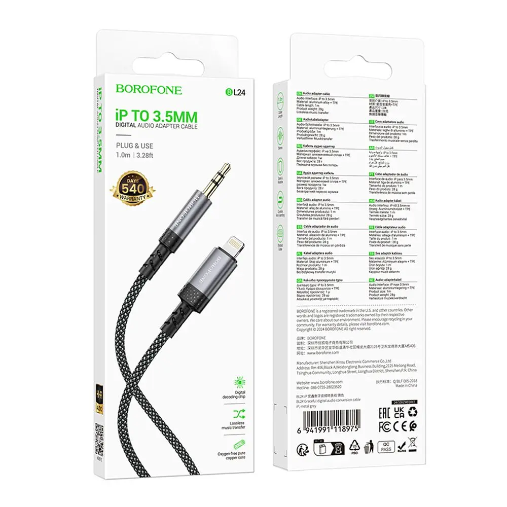 Аудіо кабель Borofone BL24 Graceful Lightning-AUX 3.5мм 1 м Metal Grey (36880_3609466) - фото 3