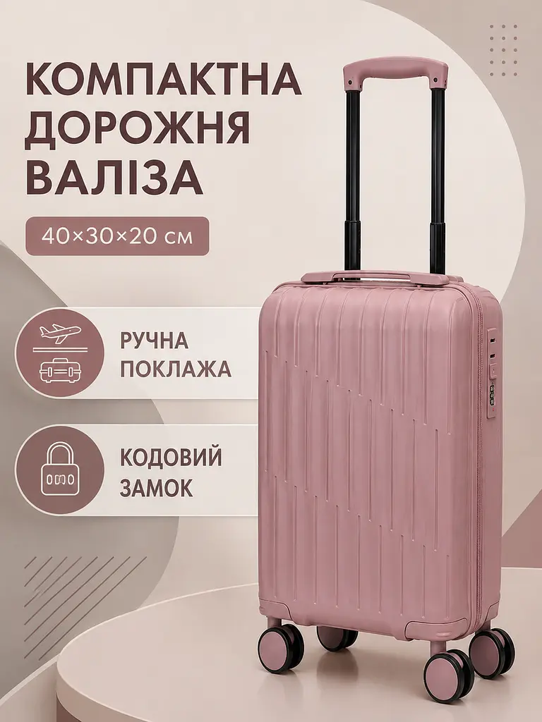 Дорожня валіза на коліщатках 40×30×20 см для ручної поклажі з телескопічною ручкою та кодовим замком, рожеве золото (49676348) - фото 2