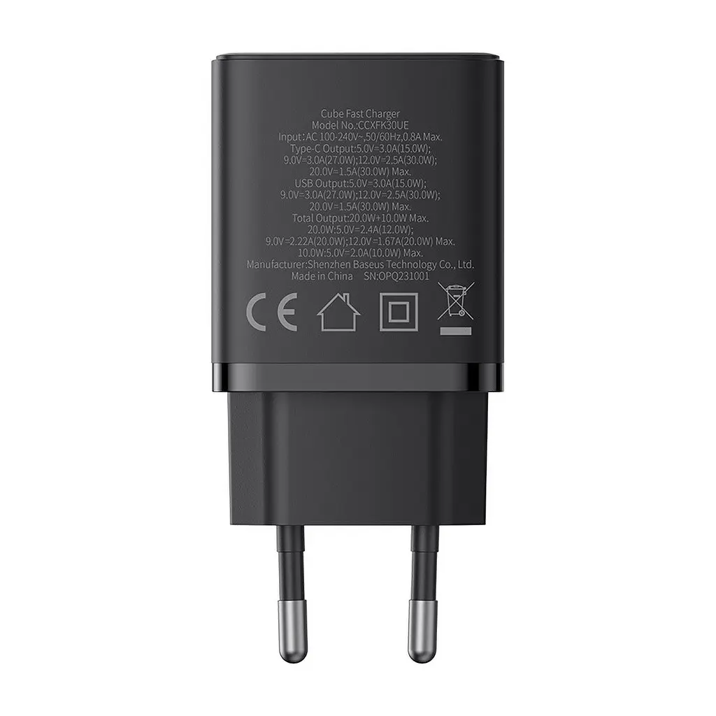 Блок питания зарядный адаптер Baseus Cube Fast Charger 2 порта C+U 30 W (P10111404113-00) черный - фото 5