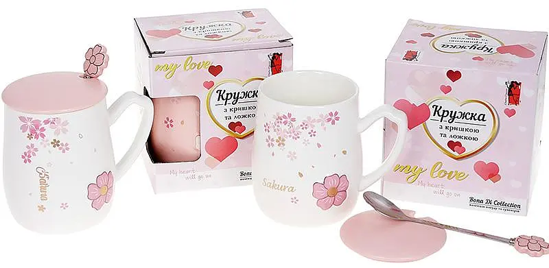 Кружка фарфорова "Sakura" з кришкою та ложкою Bona Ø7.5 см kuh0009793 - фото 2