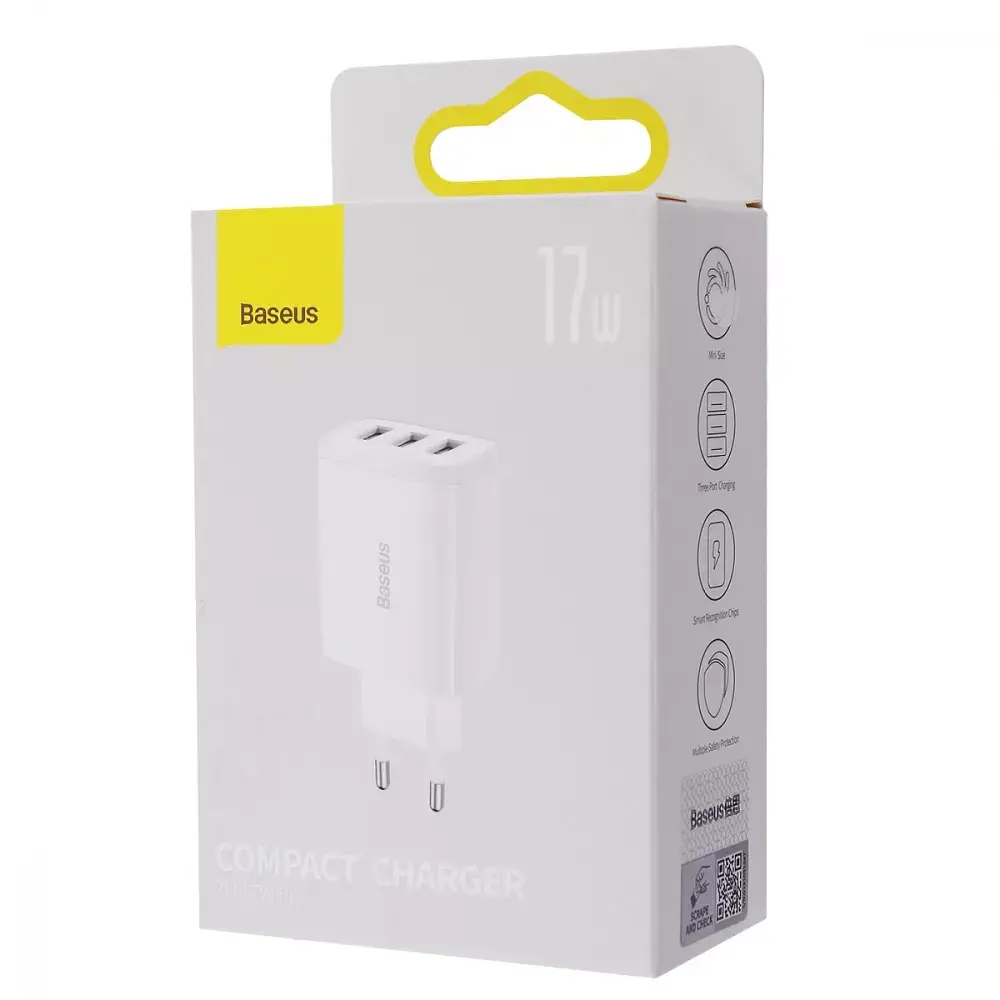 Блок питания Baseus Compact 17W (3 USB) белый зарядное устройство - фото 3