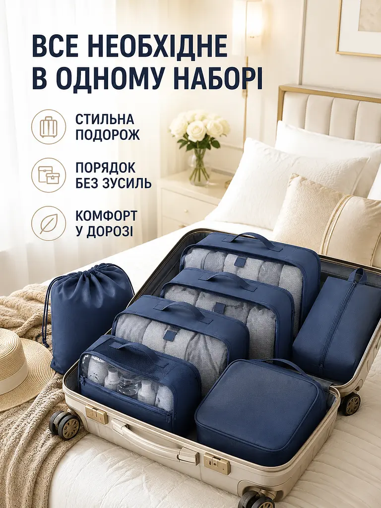 Набір дорожніх органайзерів для валізи 11 в 1 для одягу, взуття та косметики синій (49676174) - фото 7