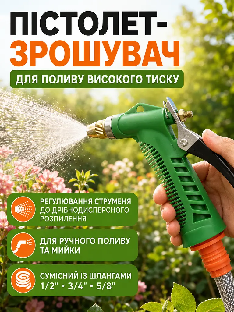 Пістолет-розпилювач для поливу під високим тиском з регулюванням дрібнодисперсного розпилення та адаптером для шлангів 1/2", 3/4", - фото 8