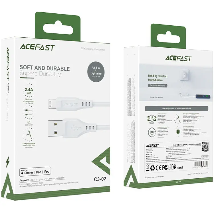 Кабель USB 2.0 AM-Lighting, 1,2 м, 2,4 A, TPE C3-02 Білий Acefast 6974316280835 - фото 3