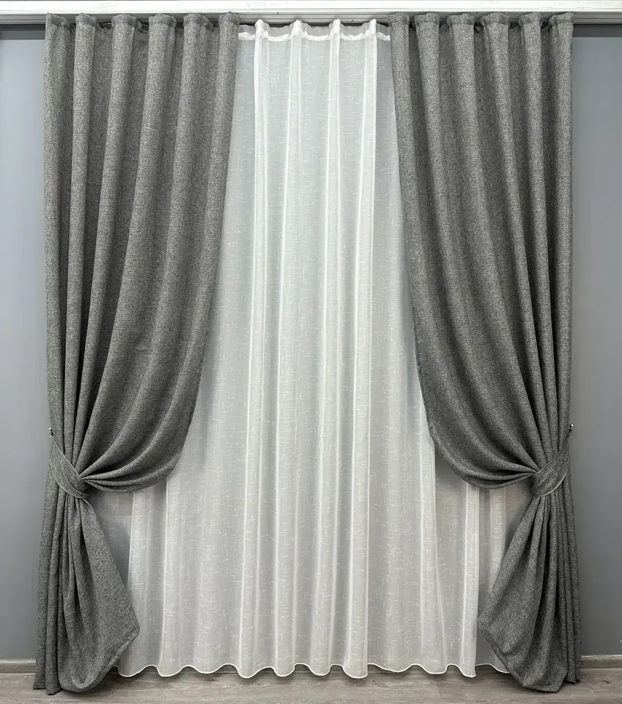 Комплект штор с тюлем VR-Textil Лен Мешковина, серый с белым, 2 шторы 100×270 см + тюль 300×270 см, арт. 71-024/1