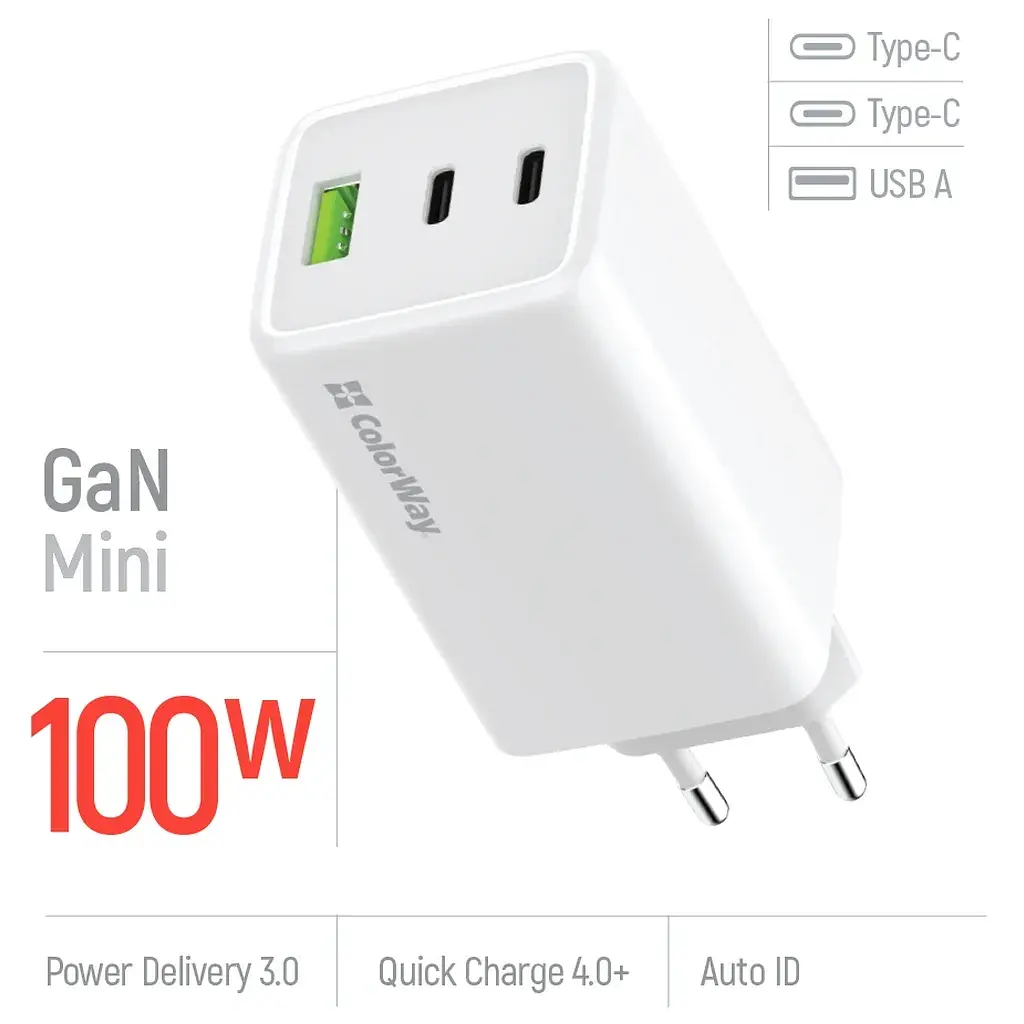 Зарядний пристрій ColorWay C101B GaN Mini 100W PD PPS 2xUSB-C + USB-A white (CW-CHS061PD-WT) - фото 7