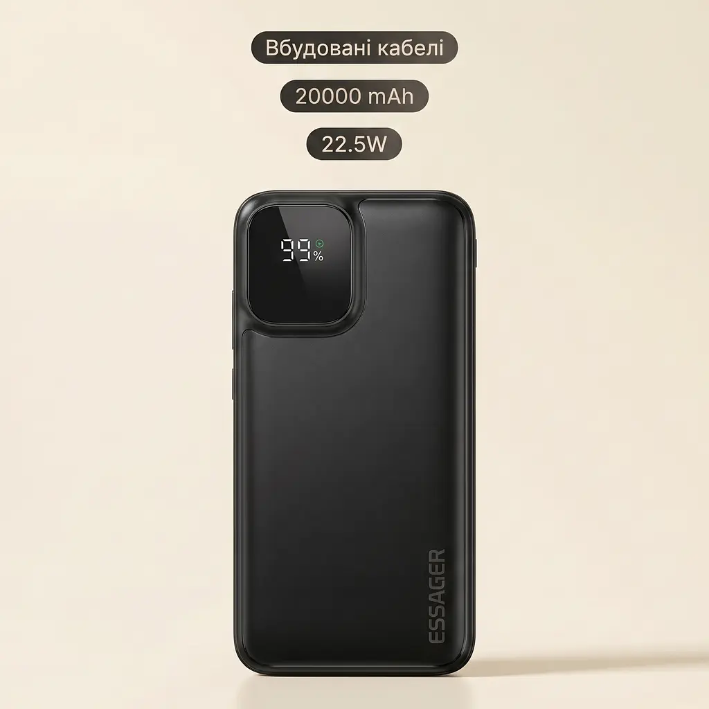 Повербанк Essager ES-D023 20000 mAh 22.5W з вбудованими кабелями USB-C та Lightning, чорний - фото 3