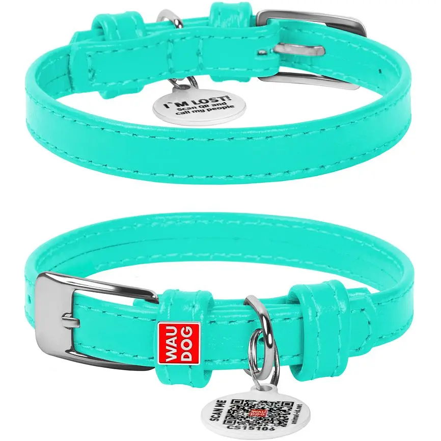Ошейник для собак Waudog Glamour, кожаный, с QR паспортом, 21-29х1,2 см, ментоловый - фото 2