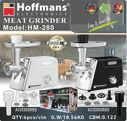 Електрична м’ясорубка Hoffmans HM-280 2000 Вт • Шнекова м’ясорубка з реверсом, 3 решітками та насадкою для ковбас - фото 6